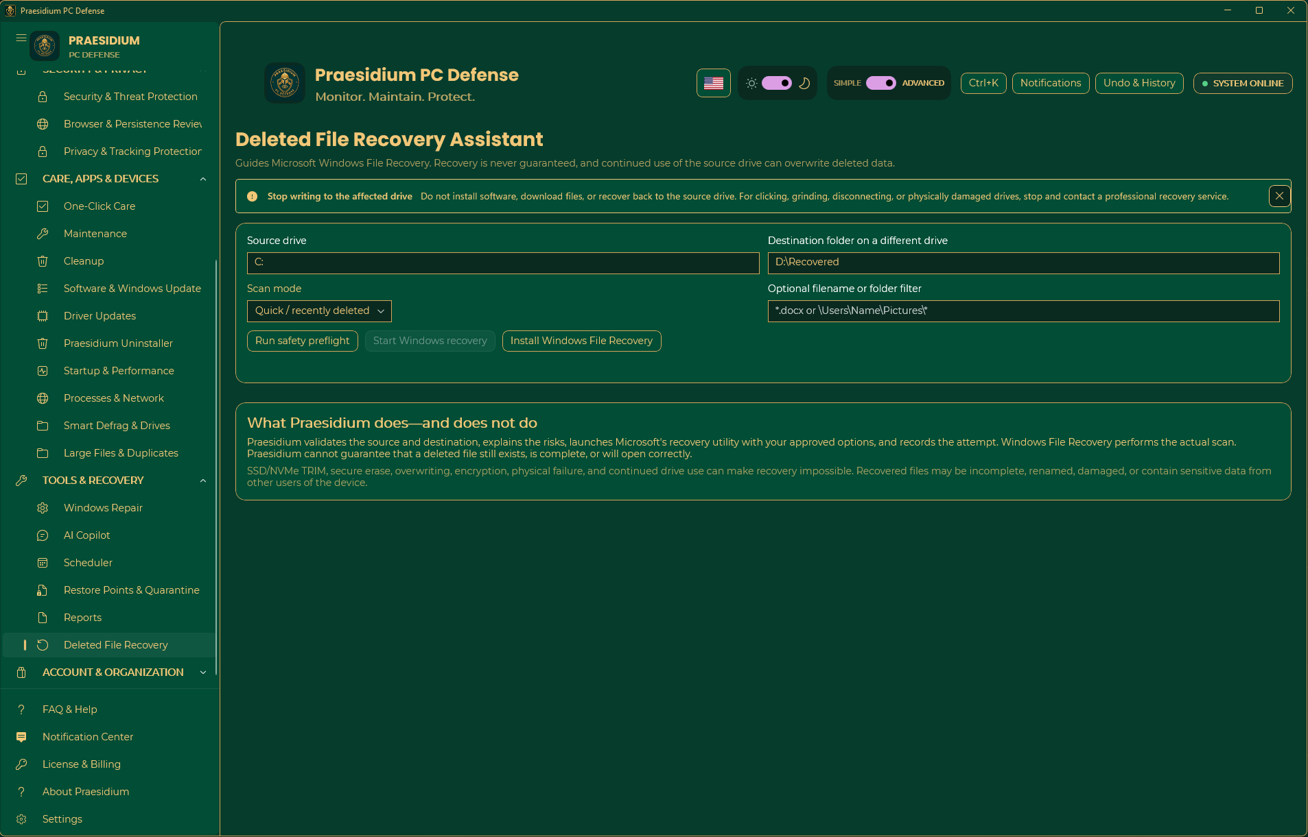 Deleted File Recovery Assistant guiding Microsoft Windows File Recovery with destination safety checks