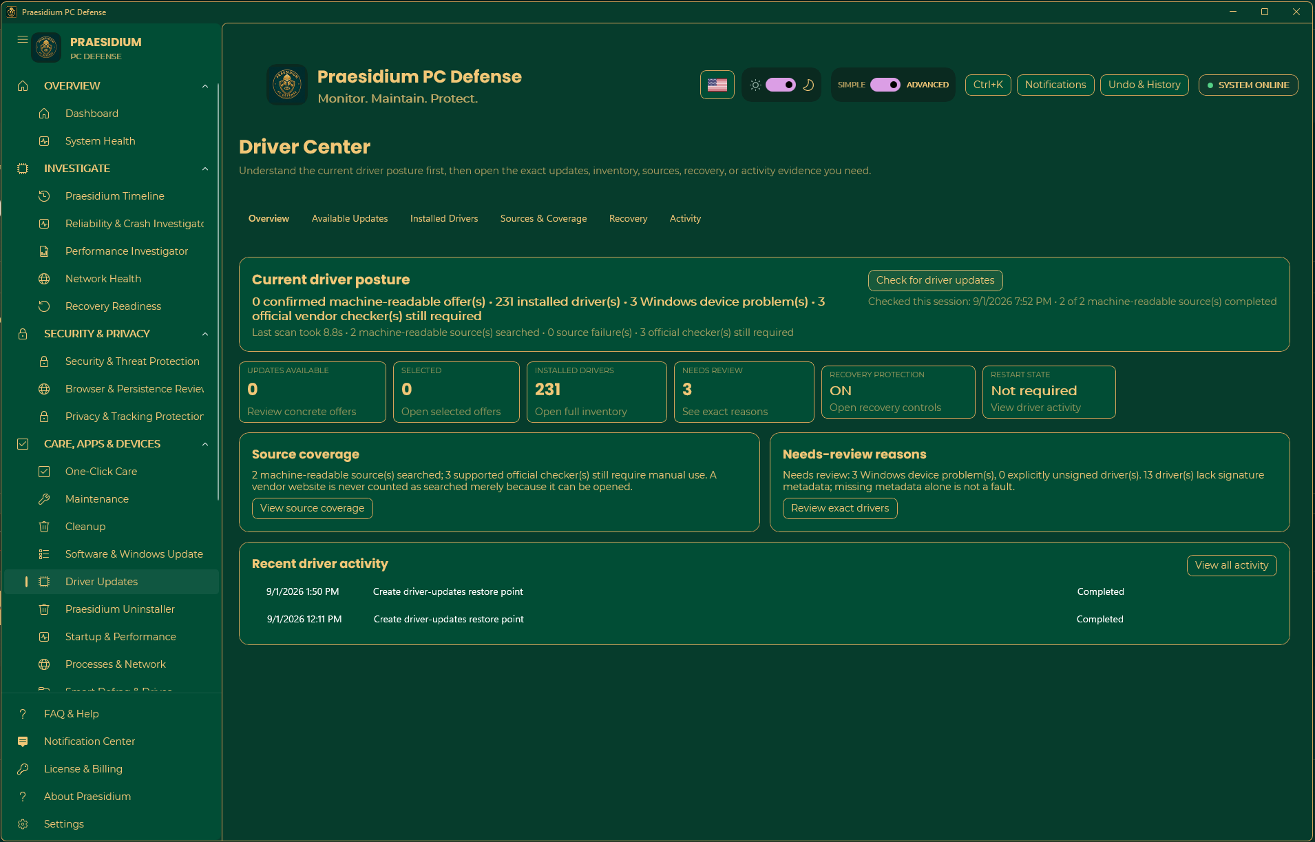 Driver Center showing source coverage, installed inventory, review reasons, recovery protection, and activity