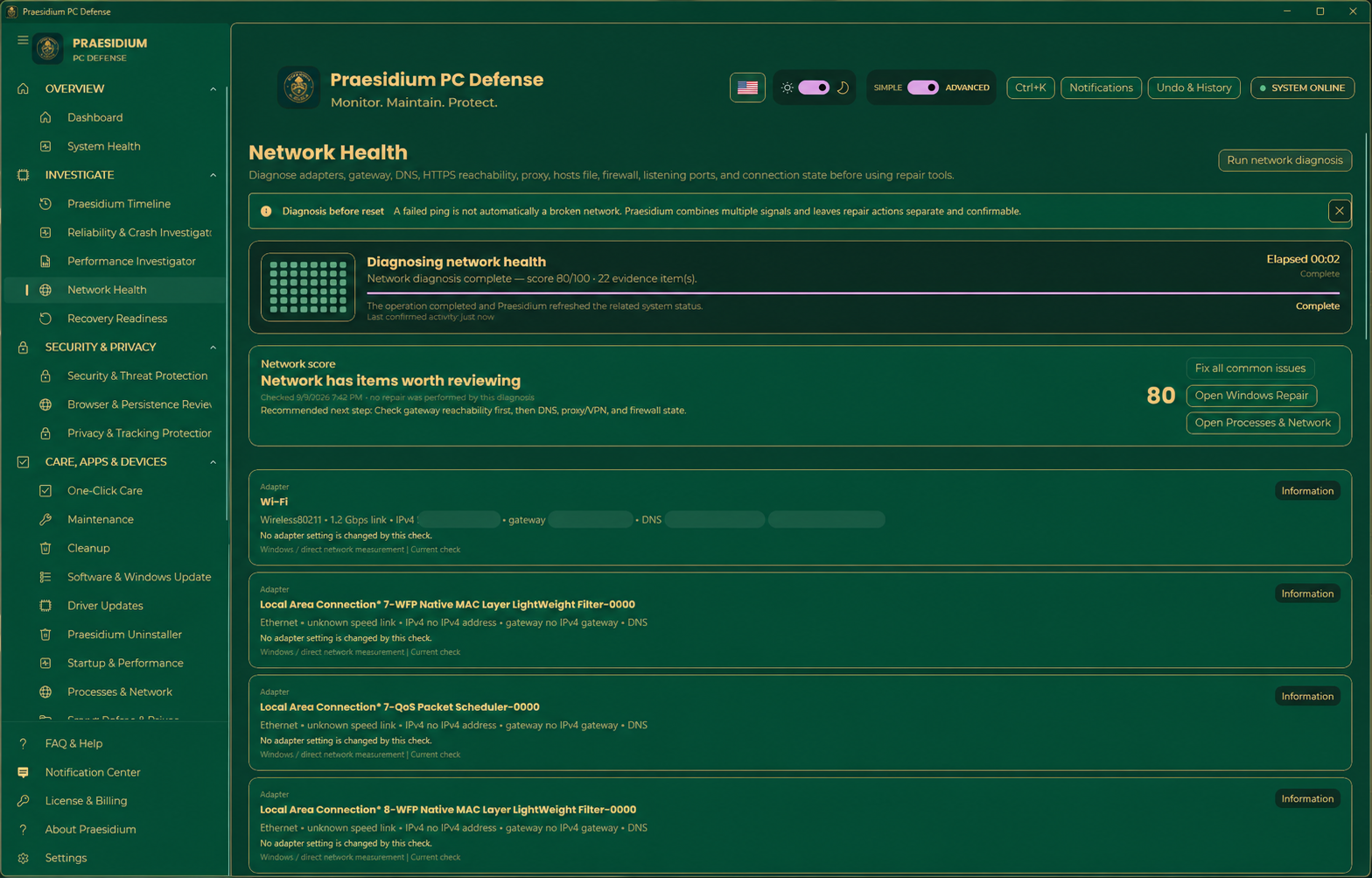 Network Health showing a completed multi-signal diagnosis with all private IP addresses consistently masked