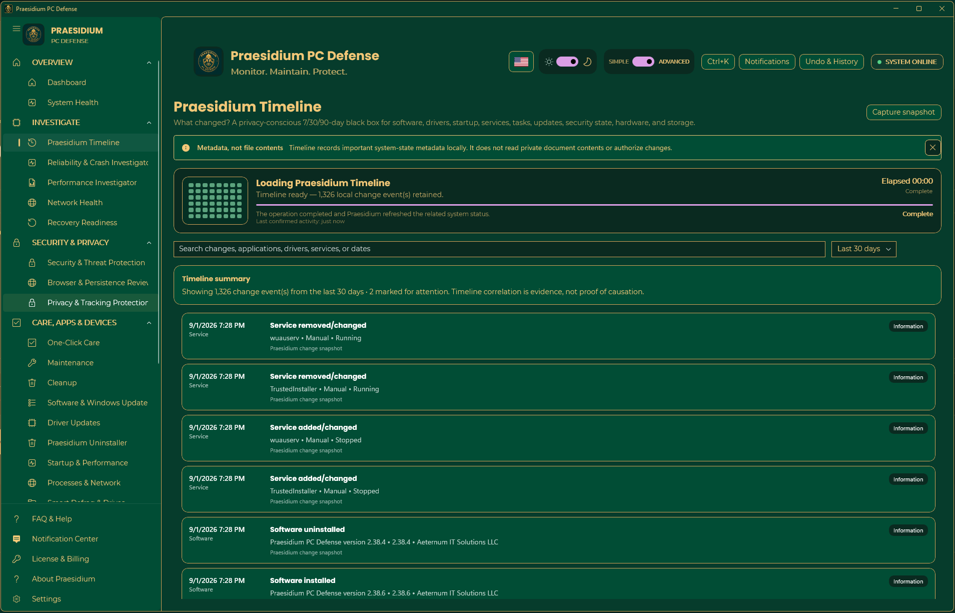Timeline showing retained local Windows change events with search and date controls