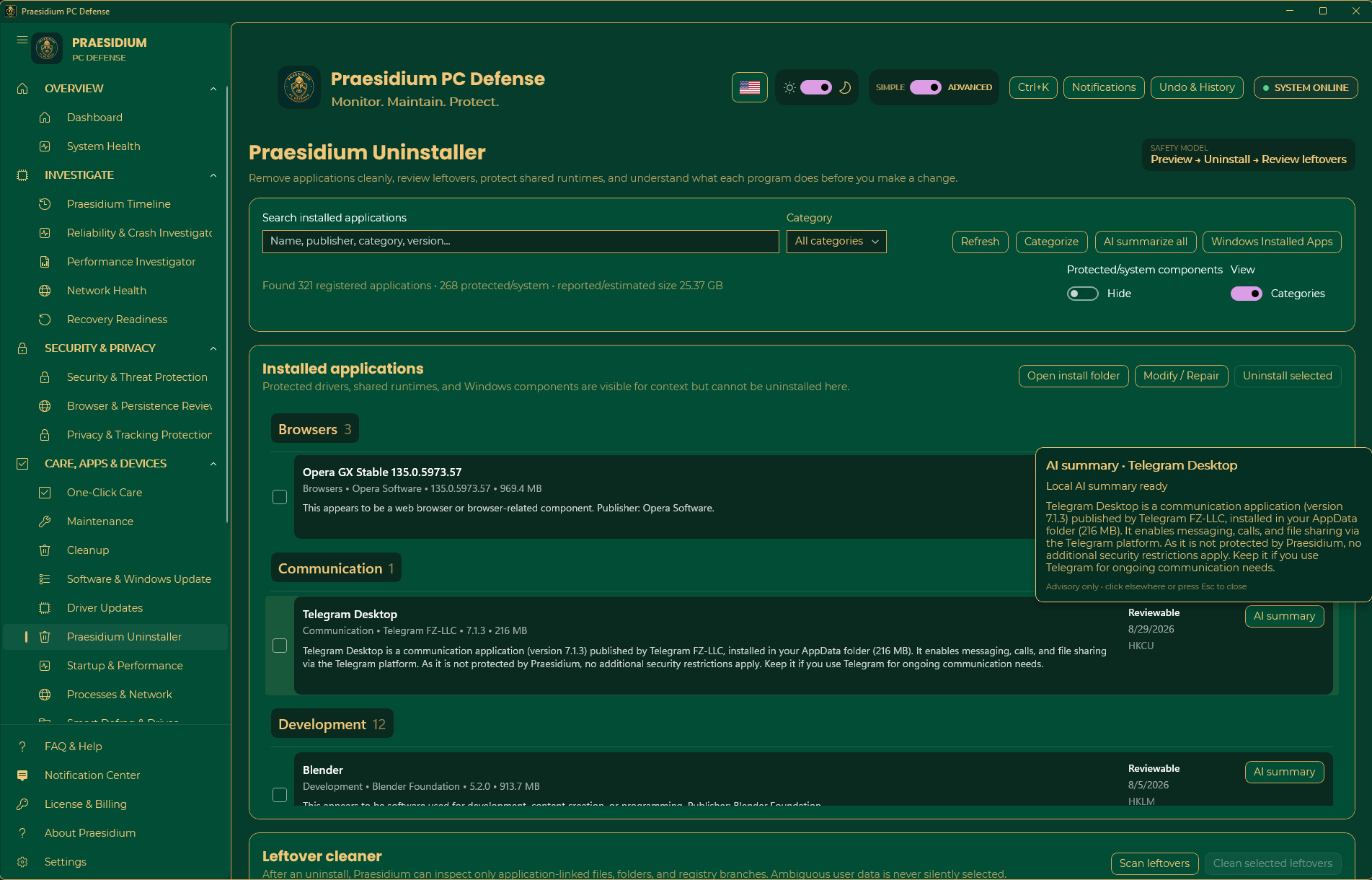 Praesidium Uninstaller showing categorized applications and an advisory local AI explanation bubble