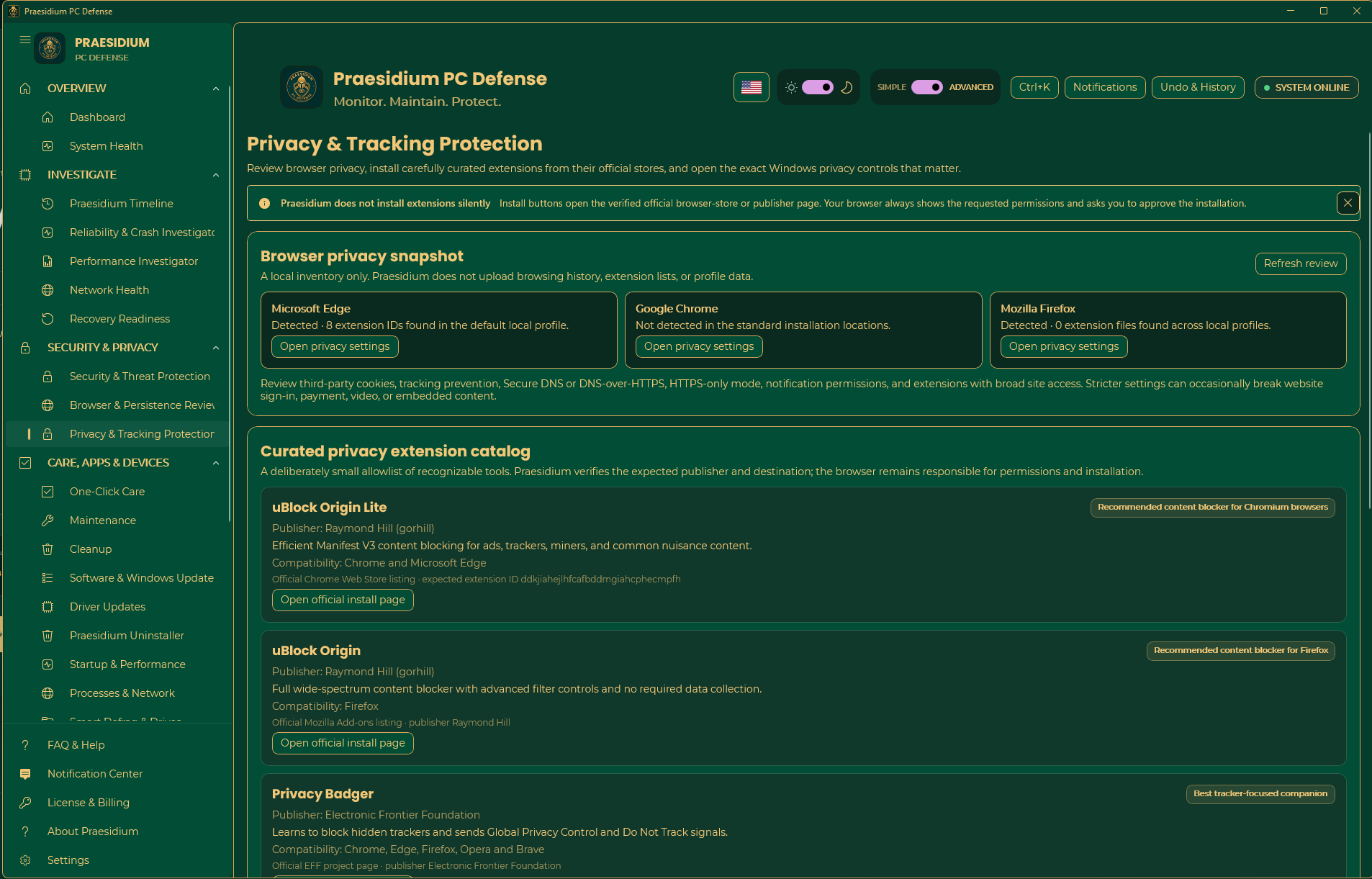 Privacy and Tracking Protection showing a local browser snapshot and verified official extension destinations