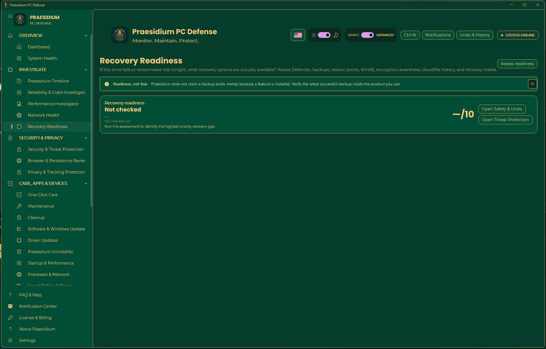Recovery Readiness prepared to assess Defender, backups, restore points, encryption awareness, and recovery media
