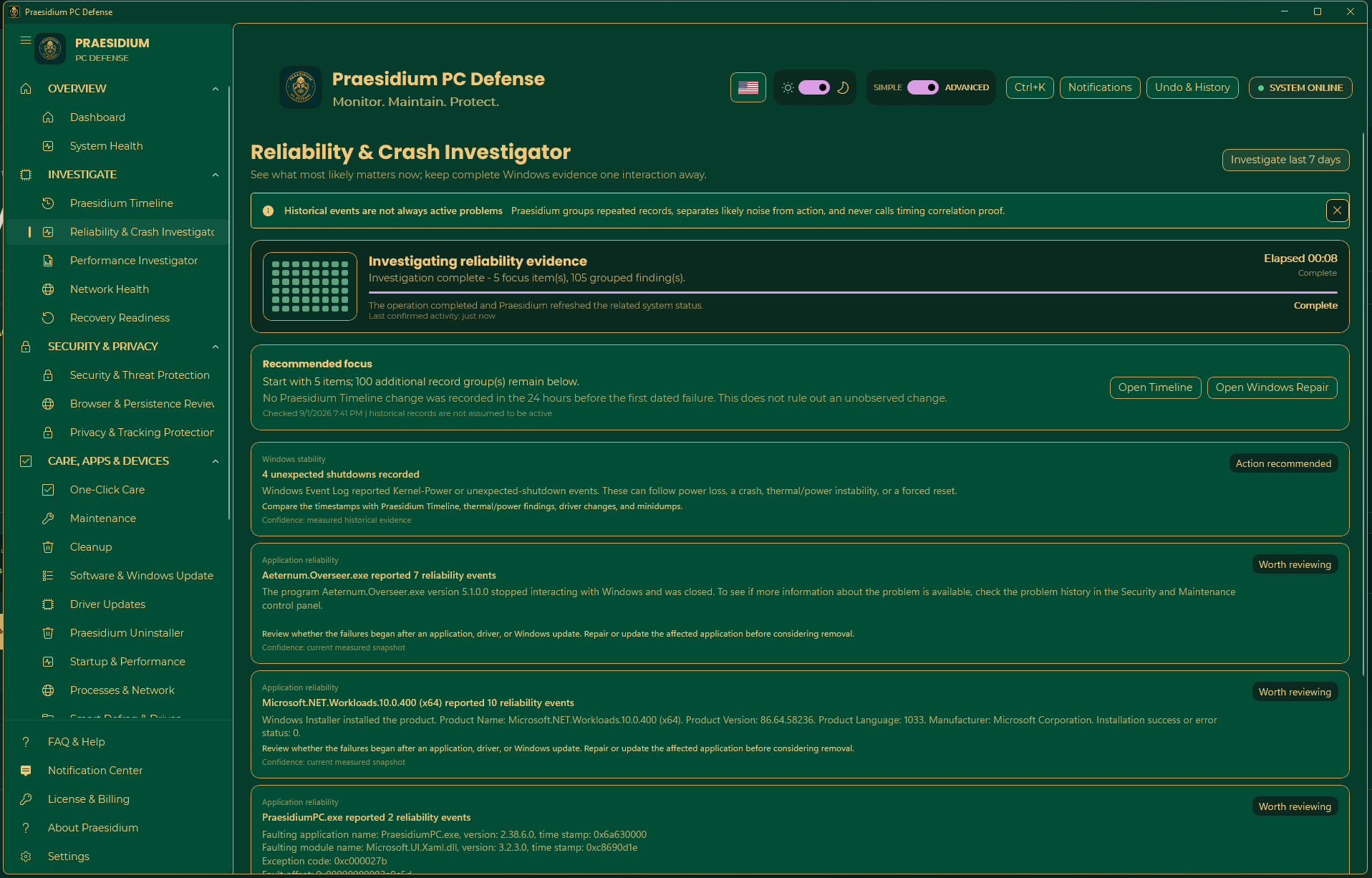 Reliability and Crash Investigator grouping Windows stability evidence into recommended focus items