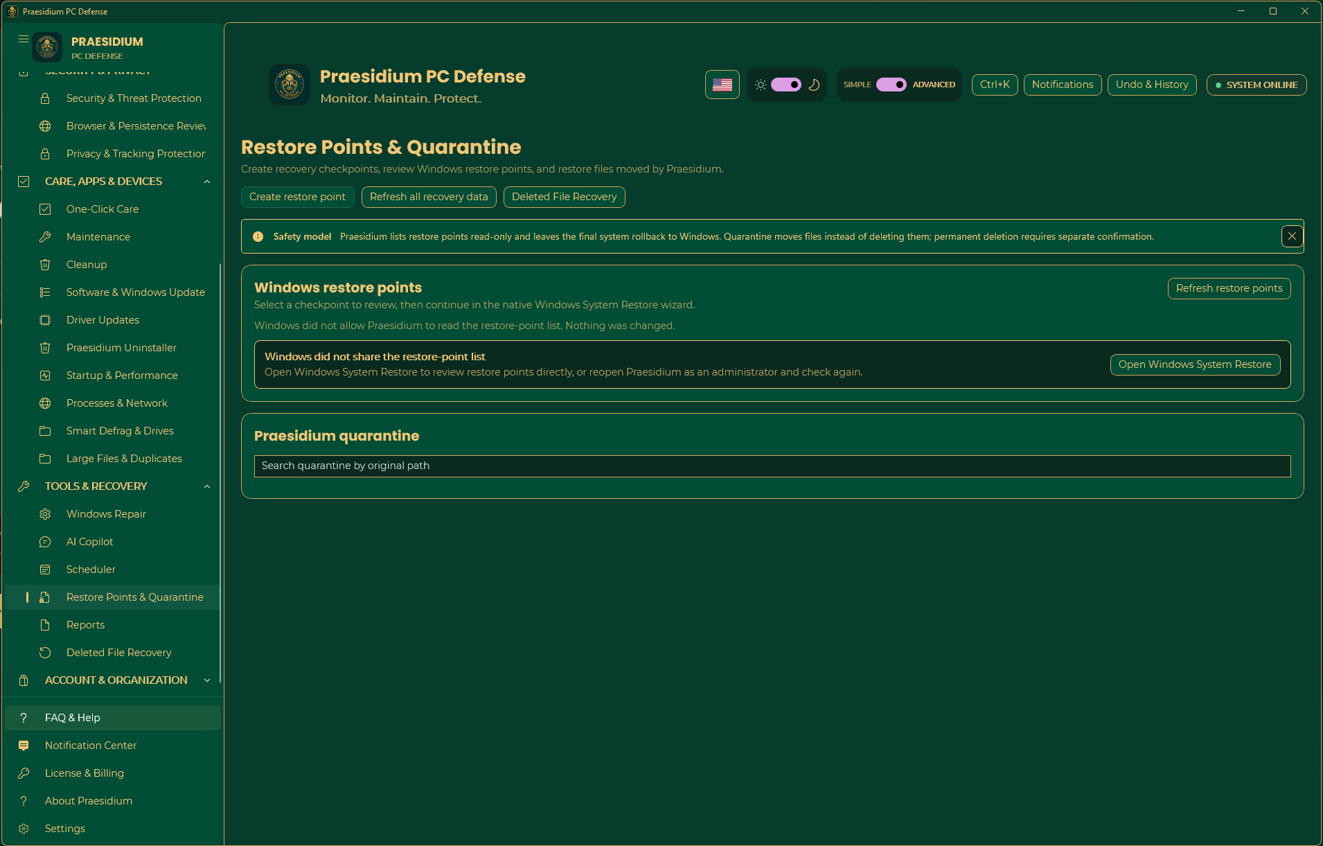 Restore Points and Quarantine showing Windows restore access and Praesidium quarantine
