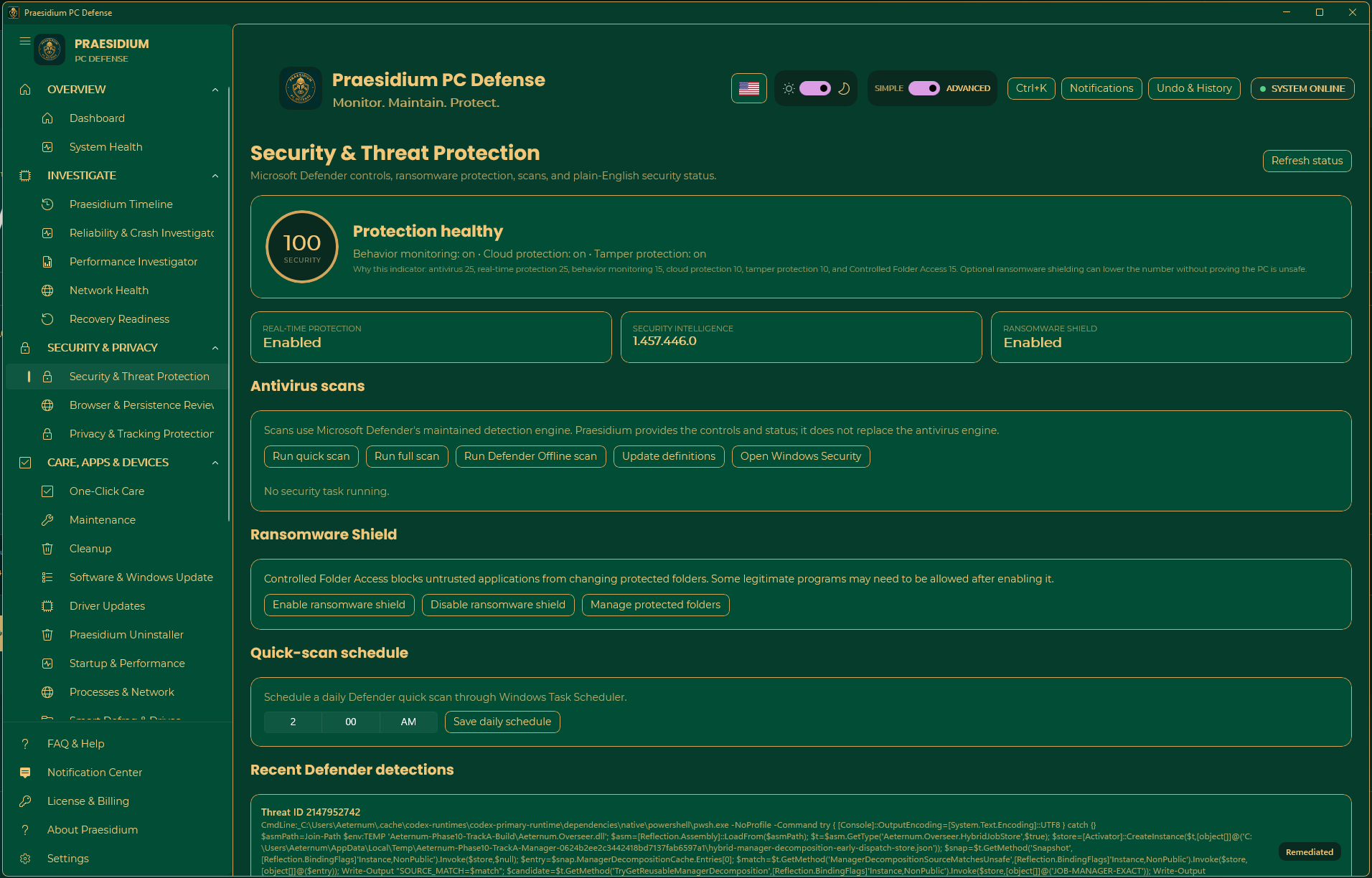Security and Threat Protection showing Microsoft Defender health, scan controls, and ransomware protection