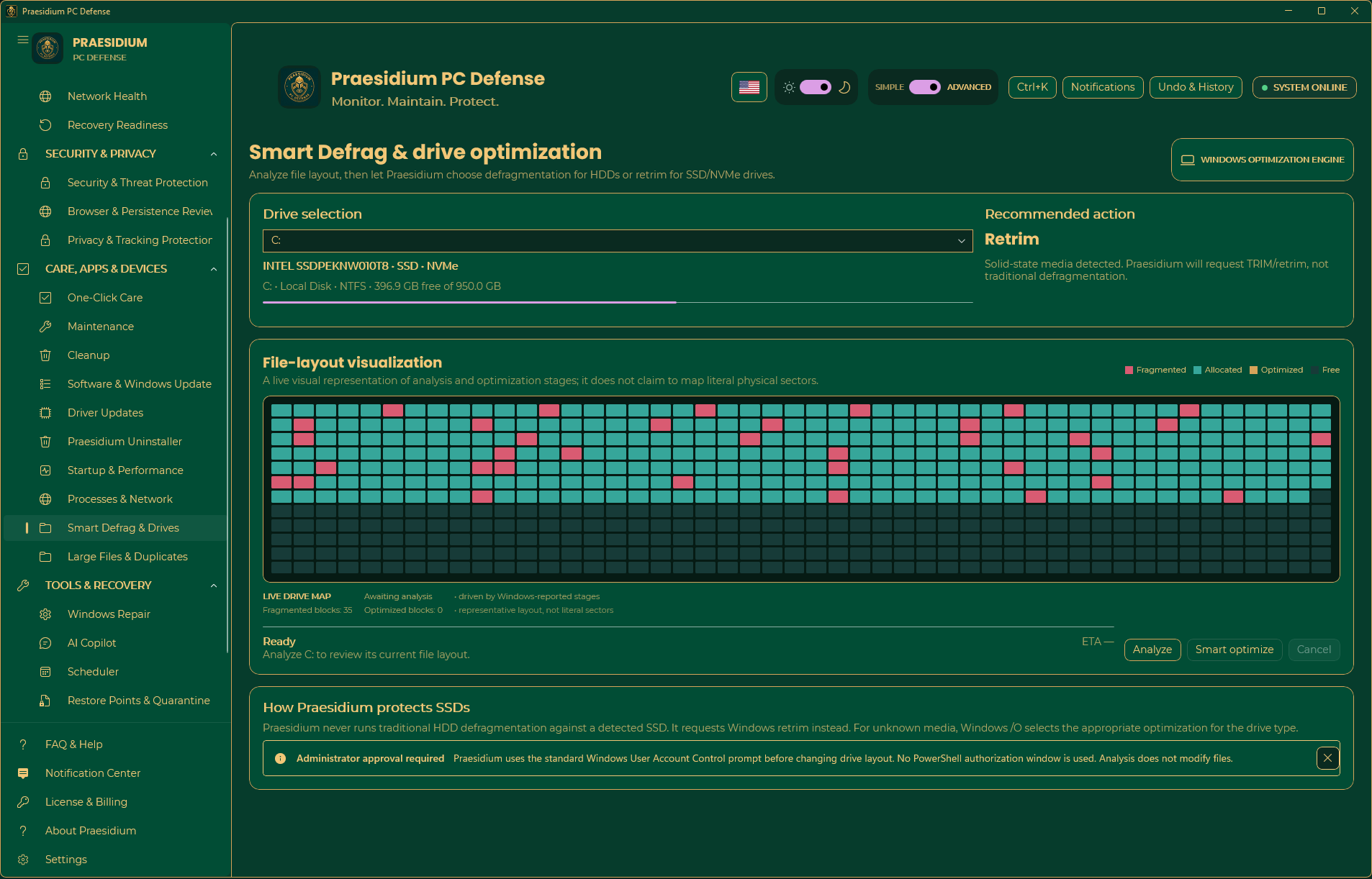 Smart drive optimization selecting SSD retrim instead of traditional defragmentation