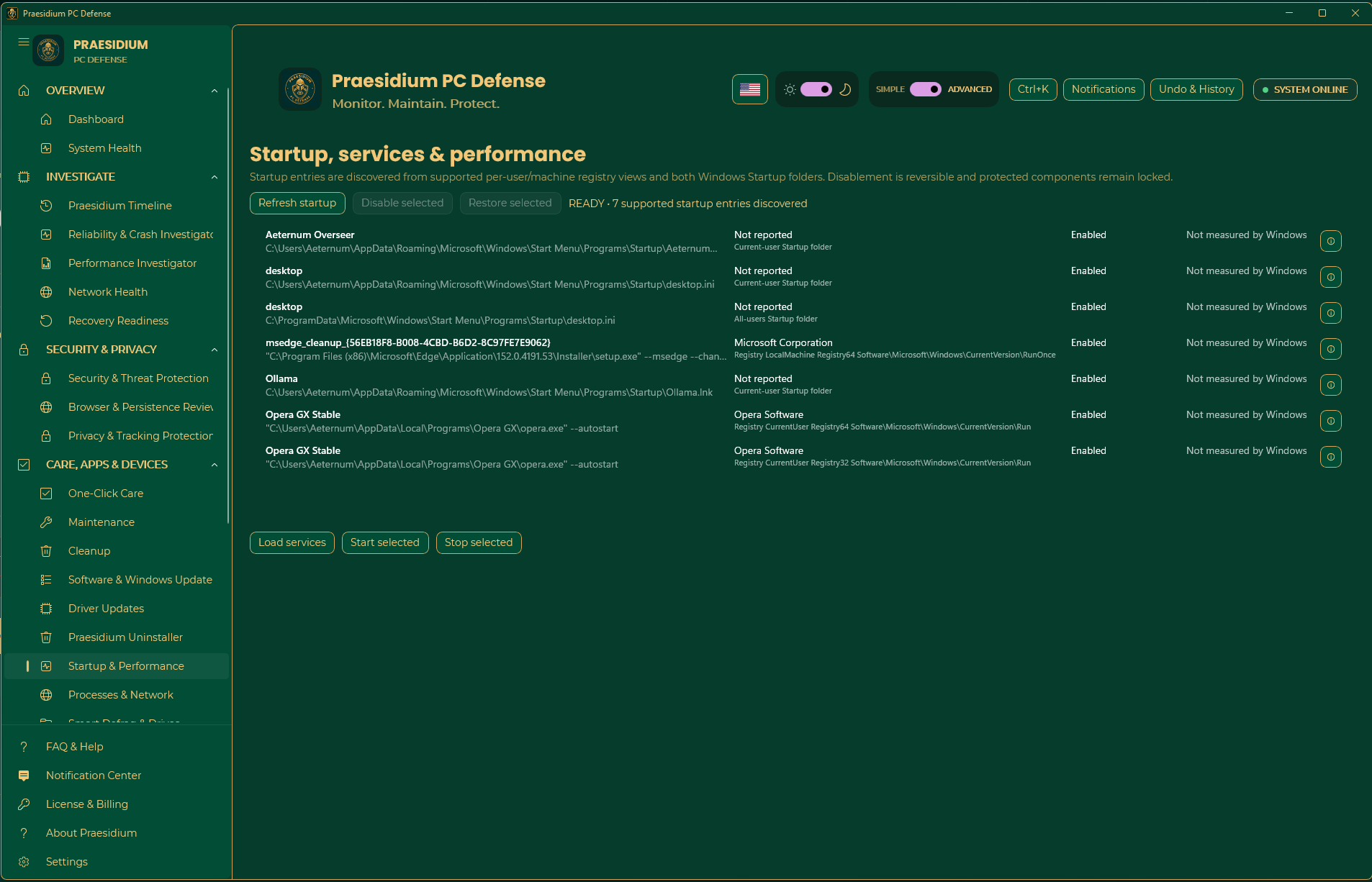 Startup Services and Performance showing reversible startup controls and protected entries