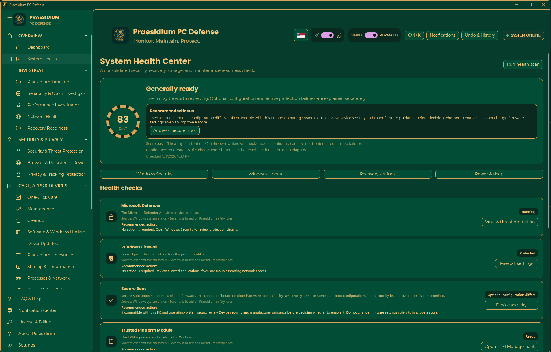 System Health Center presenting a measured readiness score, recommended focus, and individual Windows health checks
