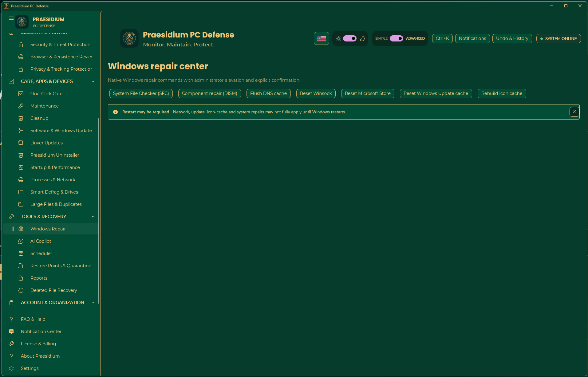 Windows Repair Center presenting typed native Windows repair options with explicit confirmation